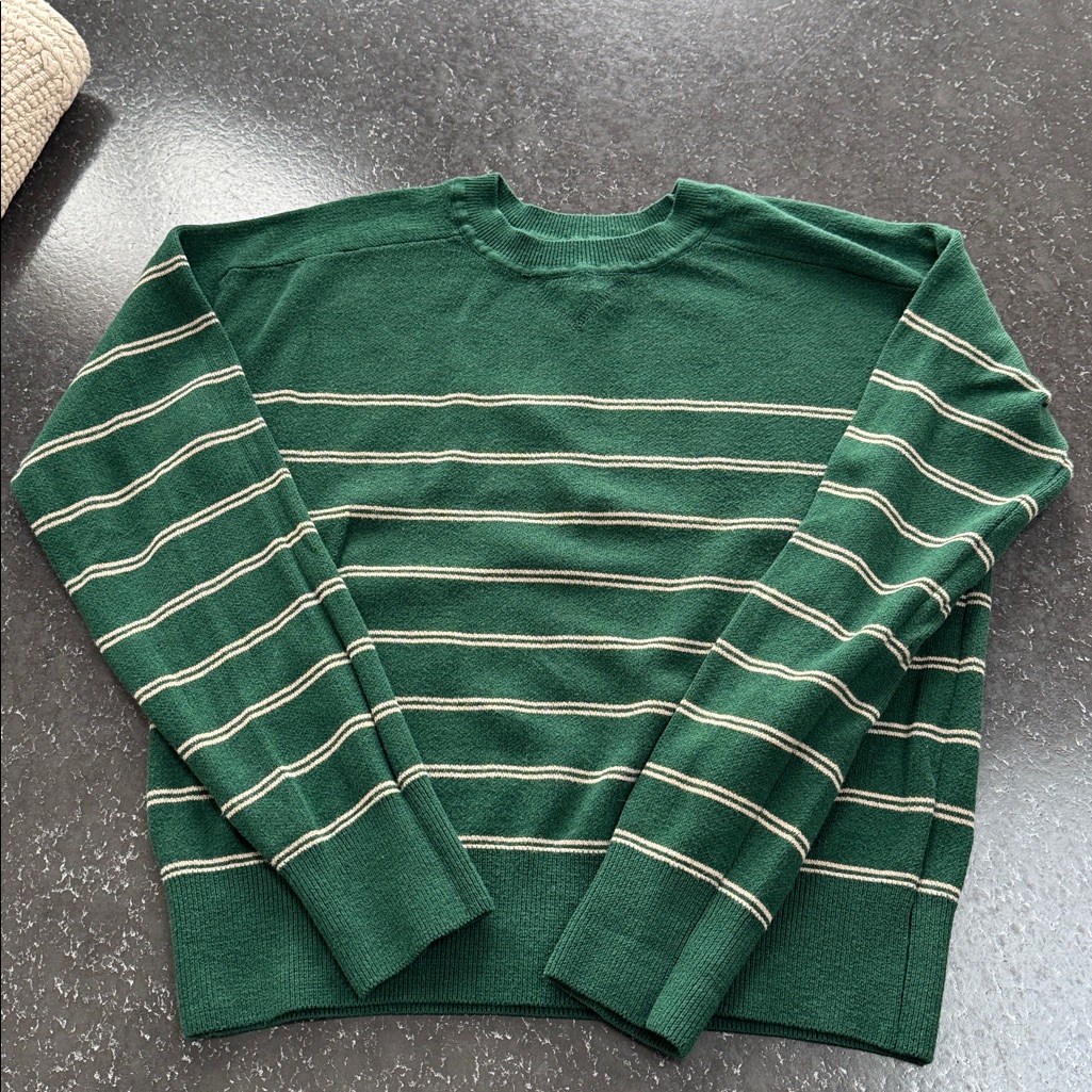 Evereve Forest Green Striped Crewneck Sweater